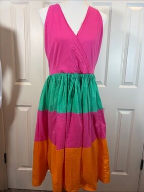 Mira Mikati Pink, Green & Orange Colorblock Midi Dress